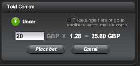 Backing Under 10.5 Corners for £20 at Odds of 1.28 after 77 minutes (to Cut Losses) with Unibet