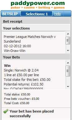 £50 on Norwich to win at odds of 2.04 with Paddy Power