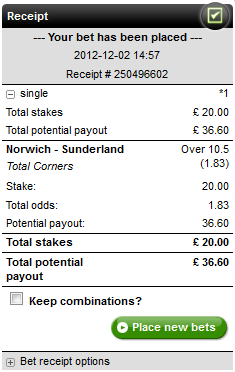 £20 Bet on Over 10.5 Corners Norwich Vs Sunderland at Odds of 1.83 with Unibet