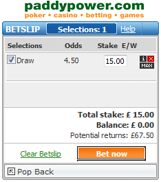 Backing the Draw at Half Time at Odds of 4.50 with Paddy Power