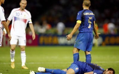 Zidane and Matterazzi after the headbutt in the World Cup final