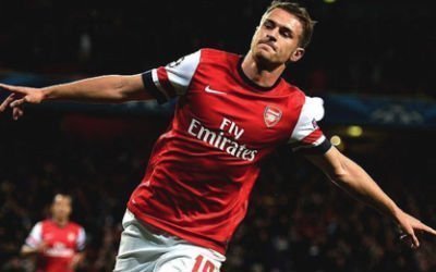 Aaron Ramsey celebrates on the the 9 goals he has scored for Arsenal already this season