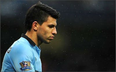 Sergio Aguero looks sad and contemplative during a game for Manchester City