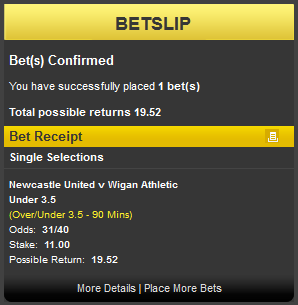 Backing Under 3.5 Goals at Half Time for £11 at Odds of 31/40 with Bet Victor