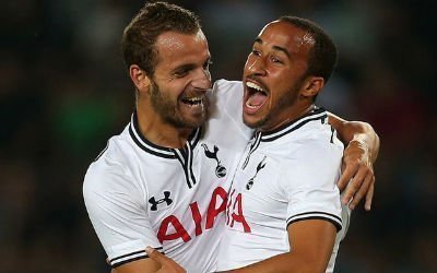 Andros Townsend and Roberto Soldado celebrate a Tottenham Hotspur goal