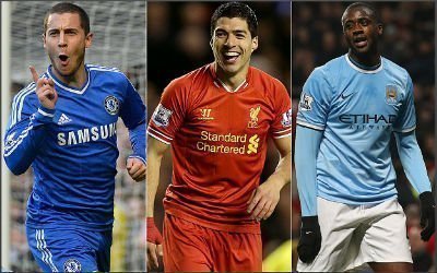 Eden Hazard of Chelsea, Luiz Suarez of Liverpool, and Yaya Toure of Manchester City will all be wanting to get their hands on the Premier League title.
