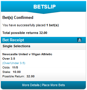 £10 Bet on Over 3.5 Goals Newcastle Vs Wigan at Odds of 11/5 with Bet Victor