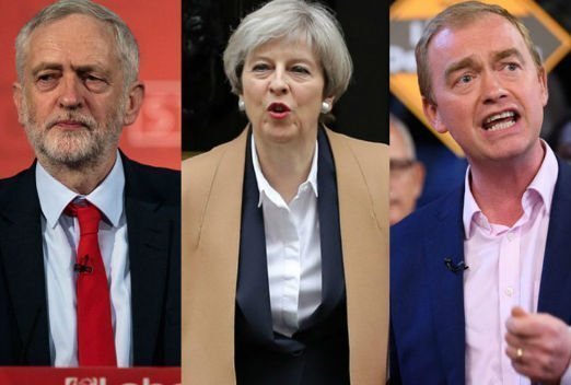 The three leaders of the three major parties, Jeremy Corbyn (Lab), Teresa May (Con),Tim Farron (Lib Dem). 