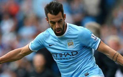 Alvaro Negredo shapes to shoot during a game for Manchester City.