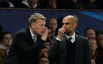 Pep Guardiola and David Moyes on the touchline during last Tuesday's meeting at Old Trafford