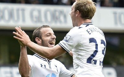 Roberto Soldado and Christian Eriksen celebrate on the latter's debut for Tottenham Hotspur